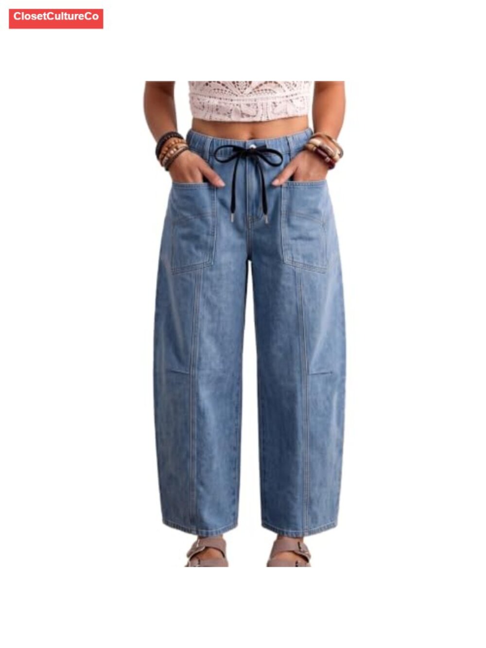 Women's Wide Leg Utility Jeans Elastic Waist Baggy Denim Pants